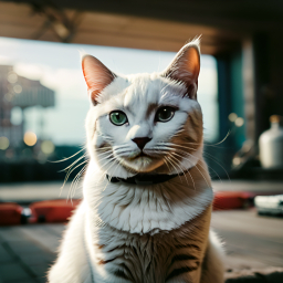 Calm Long-Haired Cat with Collar Poses on Balcony at Dusk