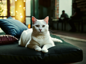Cozy White Cat Perched on Cushioned Bench in Warmly Lit Home Interior