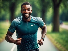Joyful Runner Enjoying an Outdoor Jog on a Tree-Lined Path