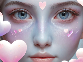 Ethereal Beauty: A Close-Up Portrait with Sparkling Eyes and Romantic Hearts
