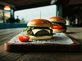 Three Classic Cheeseburgers with Fresh Lettuce, Tomato, and Fries on a Wooden Board