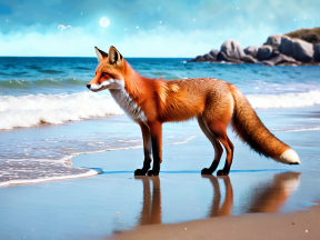 Fox Observing the Ocean at Dawn on a Tranquil Sandy Beach