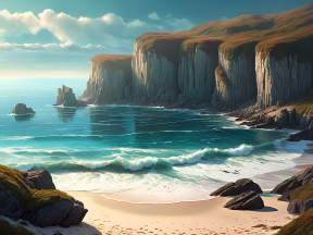 Serene Coastal Cliffs at Sunrise: A Tranquil Beachscape with Rugged Rock Formations