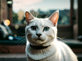 Striking Green-Eyed Cat with White and Dark Markings Poses Outdoors in Soft Morning Light