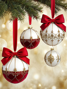 Elegant Red and White Christmas Ornaments with Gold Patterns Hanging on Festive Tree Branch