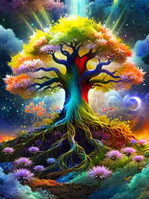 Radiant Tree of Life: A Mystical Burst of Cosmic Energy and Vibrant Growth
