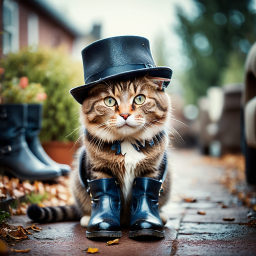 Dapper Cat in a Top Hat and Bowtie Poses Amid Autumn Garden Scene