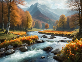 Tranquil Autumn River at Sunrise with Mountain Backdrop