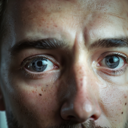Intense Gaze: A Close-Up Portrait Highlighting Natural Skin Texture and Blue Eyes