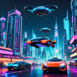 Futuristic Neon Cityscape Featuring Tesla Roadster and Aerial Vehicles at Night