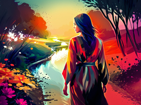 Serene Sunset Stroll: A Woman in Traditional Kimono by the Riverside