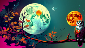 Enchanted Twilight: Owl Beneath Twin Earth Moons in Autumn's Embrace