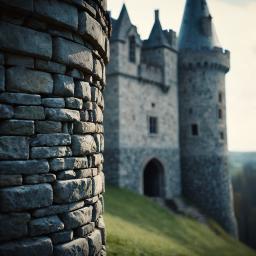 Medieval Stone Castle on Hilltop Amidst Partly Cloudy Skies