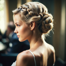Elegant Blonde Updo: A Graceful Back View in Soft Indoor Lighting