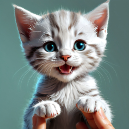 Adorable Close-Up of a Fluffy Blue-Eyed Kitten Being Gently Held