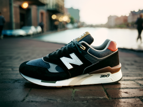 Urban Vibes: Stylish Sneakers Against a City Street and Riverside Backdrop