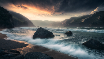 Tranquil Rocky Coastline at Sunrise: A Serene Dance of Light and Waves