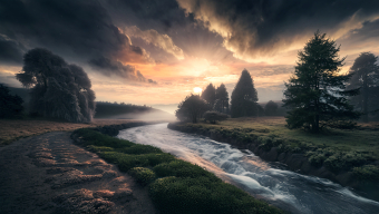 Tranquil Riverside Landscape at Sunrise: A Serene Natural Haven