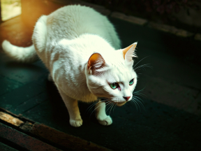 Sunlit Cat with Bicolor Fur Walking on Stone Floor