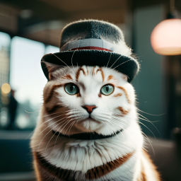 Dapper Feline: A Cat in Top Hat and Bowtie Poses Elegantly Indoors
