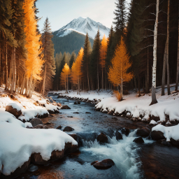Tranquil Winter Landscape: Snow-Covered Forest and Mountain Stream at Dawn
