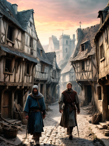 Medieval Village Stroll: Warriors at Dawn in a Timeless European Setting