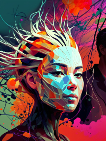 Vibrant Abstract Digital Portrait Blending Organic and Geometric Elements