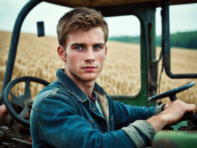 Young Farmer in Denim Pauses Thoughtfully by Tractor on a Sunny Day