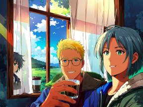 Cozy Moments by the Window: Animated Duo Enjoying a Serene Cafe View