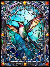 Vibrant Hummingbird Stained Glass Artwork with Intricate Nature-Inspired Design