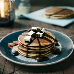 Decadent Chocolate-Topped Pancake Stack with Drizzled Fudge Sauce