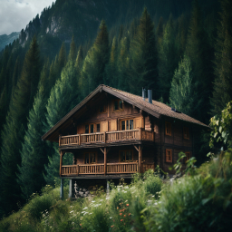 Rustic Alpine Chalet Nestled Among Tall Trees in Scenic Mountain Landscape