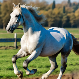 Majestic White Horse Galloping Freely Through a Serene Countryside Field