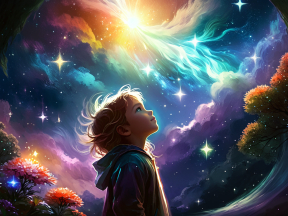 Dreamscape Reverie: A Boy's Contemplation Beneath a Magical Autumn Sky