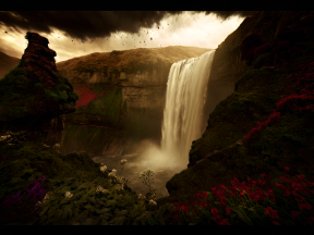 Majestic Waterfall Amidst Lush Wilderness Under Dramatic Skies