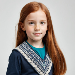 Portrait of a Smiling Red-Haired Girl in a Dark Top with Light Collar