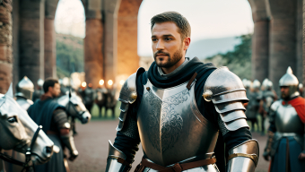 Medieval Knight in Armor at Historical Reenactment Near Castle Ruins