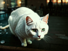 Close-Up Portrait of a Calm White and Cream Cat with Light Green Eyes Indoors