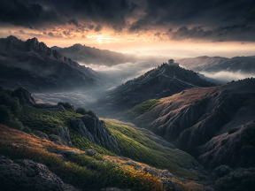 Sunlit Serenity: A Panoramic View of Rugged Mountains at Dawn