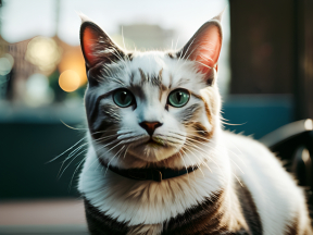 Curious Green-Eyed Cat with White Markings Wearing Black Collar on City Street