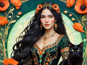 Autumnal Reverie: A Mythical Tribute Amidst Poppies and Shadows