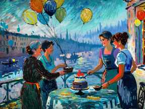 Joyful Celebration by the Waterfront: An Impressionistic Scene of Friendship and Festivity
