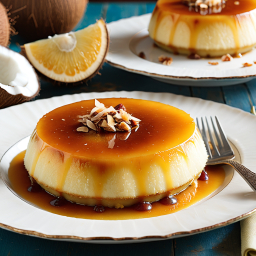 Tropical-Inspired Caramel Custard Puddings with Cream and Sliced Nut Garnish