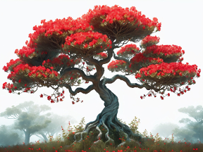 Resilient Roots: A Misty Portrait of an Ancient Red-Leafed Tree