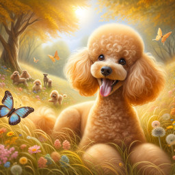 Joyful Poodle Amidst Blossoms and Playful Puppies on a Sunny Autumn Day