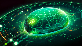 Futuristic Sci-Fi Spacecraft Surrounded by Glowing Energy Circuitry in Cosmic Setting