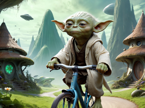 Yoda Pedals Through a Whimsical Star Wars Fantasy Landscape: An Animated Tribute