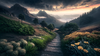 Tranquil Pathway Through Lush Wilderness to Majestic Mountains at Dawn