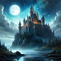 Enchanted Castle Under the Full Moon: A Mystical Twilight Scene