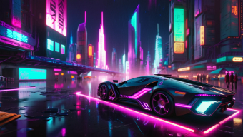 Neon Dreams: Futuristic Urban Nightscape with High-Tech Vehicles and Rain-Soaked Streets